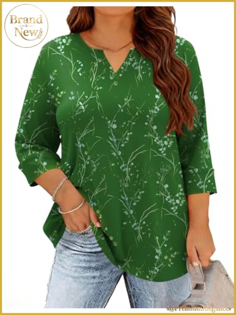 Plus Size V-Neck 3/4 Sleeve Blouse Polyester/Rayon/Spandex Tunic